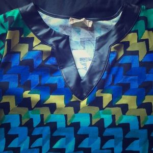 teal, blue, green, geometric pattern dress